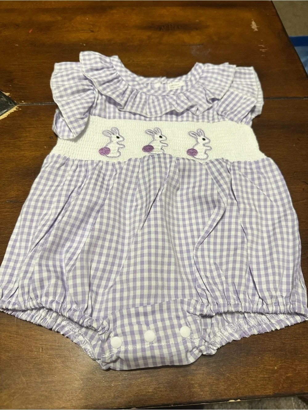 Lavender Gingham Bunny Smocked Baby Romper
